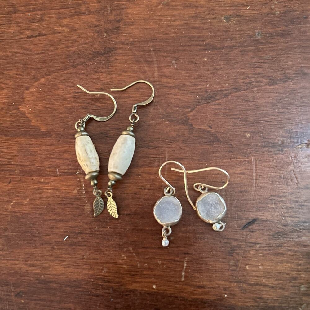 2 Pairs Boho Dangle Earrings – Bone Beads & Druzy Crystal Drop Vintage Style